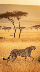 Cheetah dashing through tall grass in warm African landscape