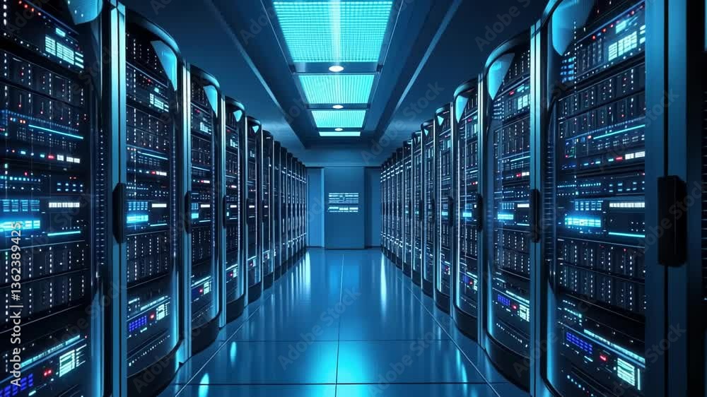 Poster technology setup in a modern data center with advanced server equipment