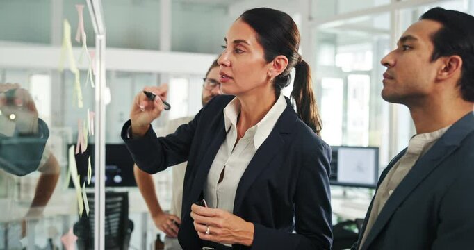 People, woman leader and sticky notes on glass for timeline, strategy and brainstorming in workshop. Female speaker, presentation or group training in office for idea, collaboration or instruction