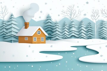 Fototapeta premium Cozy winter cabin in paper cutout style landscape