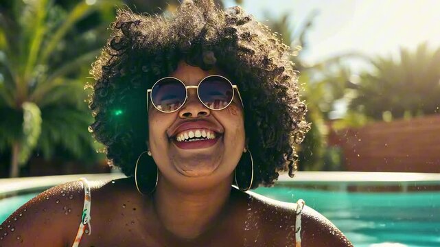 Smiling plus size afro american woman with curly hair and sunglasses laughing joyfully by the pool with tropical background and sunlight. Concept of body positivity and summer joy