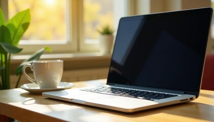 Laptop on desk, empty coffee mug, sunlit room , isolation, silence