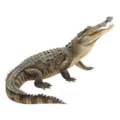 Obraz premium aggressive crocodile with open mouth isolated on transparent background png, scaly crocodile texture