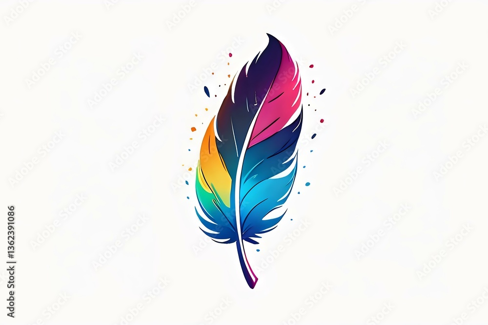 Poster vibrant multicolored feather with gradient colors from purple to yellow and blue, artistic design wi