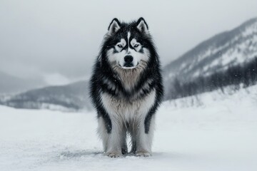 Naklejka premium Fuzzy Alaskan Malamute standing proudly in the snow