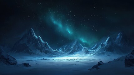Fototapeta premium Mystical aurora borealis illuminates frozen mountains and serene night