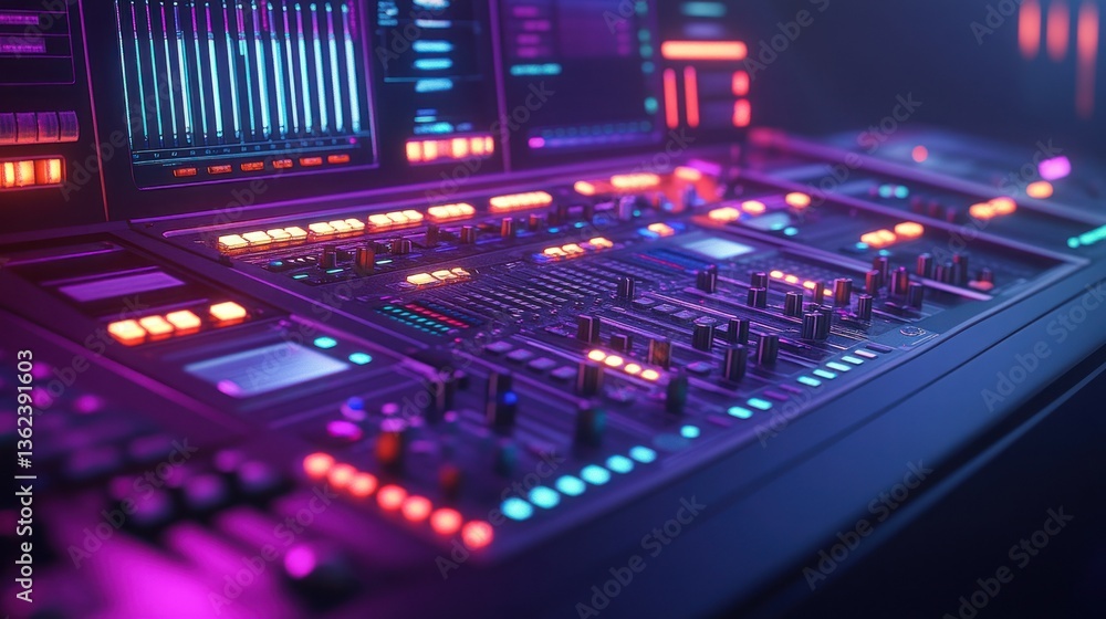 Poster modern audio mixing console with vibrant lighting. detailed view of controls and displays