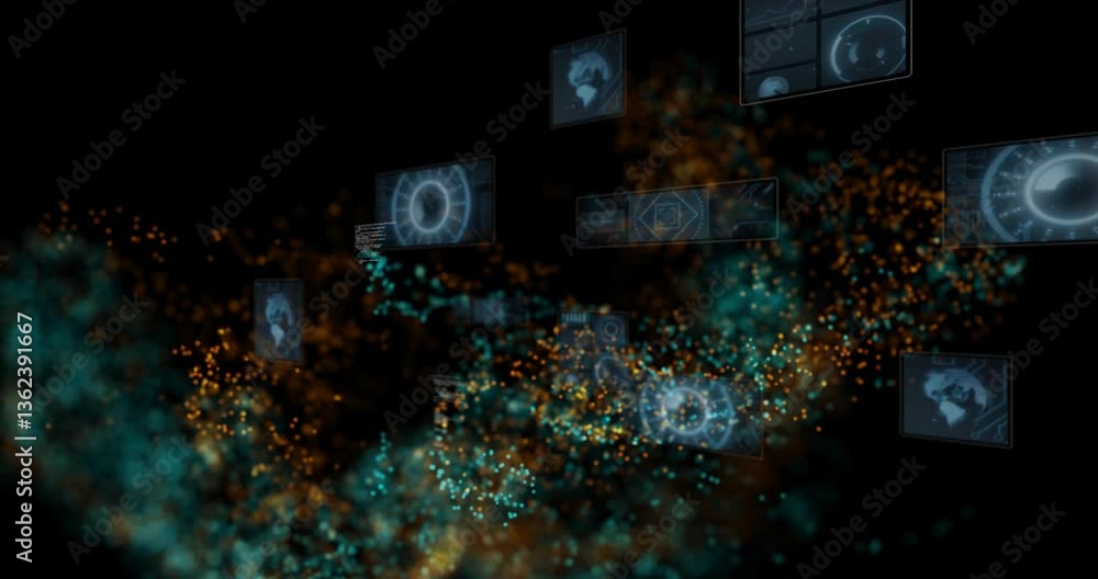 Poster animation of digital data screens floating over colorful particles in dark space