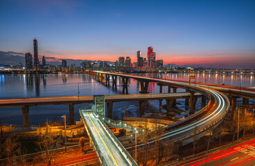 Seoul, South Korea, Han River, cityscape, skyline, sunset, dusk, twilight, bridge, traffic trails, light trails, modern architecture, skyscrapers, urban, city lights, Yeouido, 63 Building.