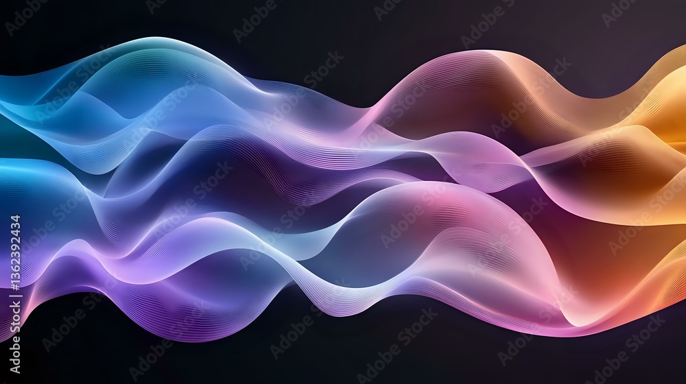 Poster colorful flowing smoke waves in blue, purple, pink and orange create dynamic abstract background wit