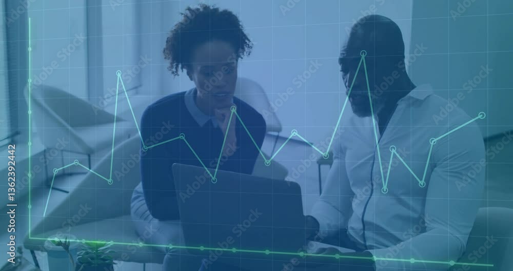 Poster business professionals analyzing data on laptop with graph overlay animation