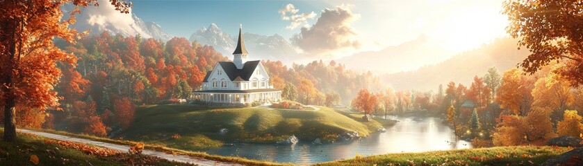 Fototapeta premium Majestic church reflected in serene lake at sunset nature landscape tranquil environment scenic view