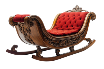 An opulent sleigh whispers tales of winter wonder with a vibrant red velvet cushion and detailed wood carvings against a stark black background.