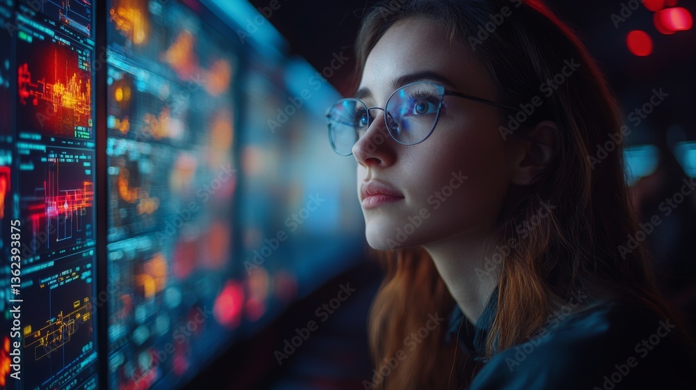 Poster A technician is focused on analyzing real time logistics and transportation data displayed on multiple screens in a modern control room filled with automation tools and surveillance systems.