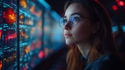 A technician is focused on analyzing real time logistics and transportation data displayed on multiple screens in a modern control room filled with automation tools and surveillance systems.