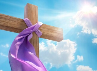 Wooden Cross with Purple Cloth Against Blue Sky and Sun for Easter