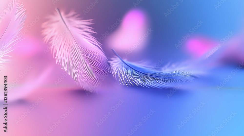 Poster delicate white feathers floating on pink and blue gradient background with soft focus effect, creati