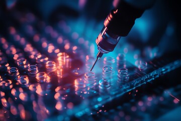 Close-up of a high-tech syringe injecting substances into a patterned surface, representing advanced scientific research.