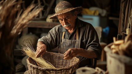 Photorealistic image of a basket weaver carefully weaving a wicker basket with natural fibers in a rustic workshop