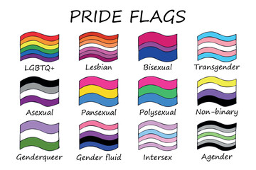Set of colorful LGBTQ+ pride flags Gender equality and sexual identity pride flags collection LGBTQIA community pride month