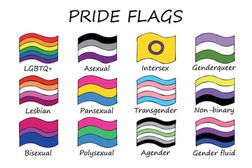 Set of colorful LGBTQ+ pride flags Gender equality and sexual identity pride flags collection LGBTQIA community pride month