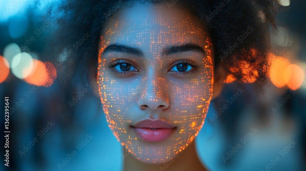 Poster a young individual with intricate digital patterns on their face represents the fusion of technology