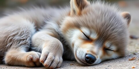 Obraz premium A fluffy gray wolf pup, eyes closed, paws tucked under, sleeping soundly, small, paws