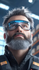 cybernetic safety inspector with futuristic look, wearing high tech glasses and beard, gazes upward in modern workspace