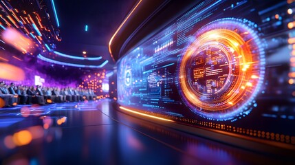 Futuristic venue, showcasing a vibrant digital display and modern architectural elements. The scene captures the fusion of technology and design, creating a sense of innovation and progress. 