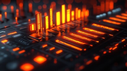 A dynamic, realistic 3D equalizer with pulsing neon bars, set in a futuristic, minimalistic space 