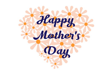 Elegant Mother's Day graphic with navy blue script text spelling "Happy Mother's Day" surrounded by soft peach and orange daisy flowers in heart shape design. Greeting cards, social media, post, gift 