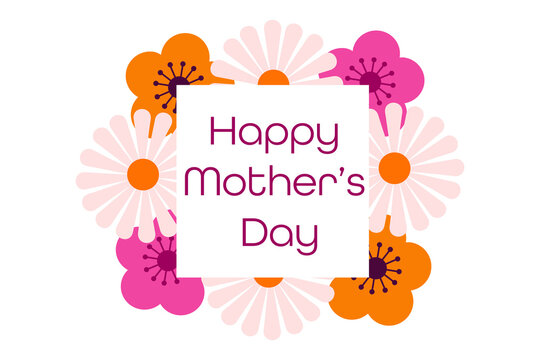Colorful Mother's Day greeting with stylized pink and orange flowers framing a white card, featuring whimsical floral design with textured flower centers and soft pastel palette. Transparent PNG