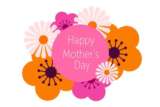 Colorful Mother's Day floral graphic with pink, orange, and white stylized flowers surrounding a central "Happy Mother's Day" text in soft pastel colors. Social media posts, banner, gift tags