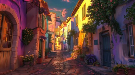 Fototapeta premium A charming European village at dusk, colorful houses lining narrow streets, cobblestone roads, and a soft golden light 