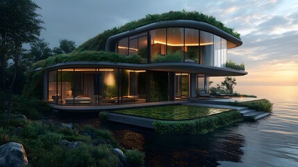 An ultramodern residence gracefully merging with the environment, featuring a green roof and expansive glass windows, providing stunning ocean views at dusk.