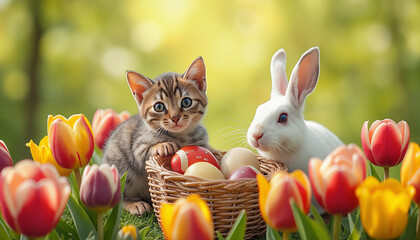 Cute Kitten and White Bunny with Easter Basket in Tulips against a Sunny Green Background