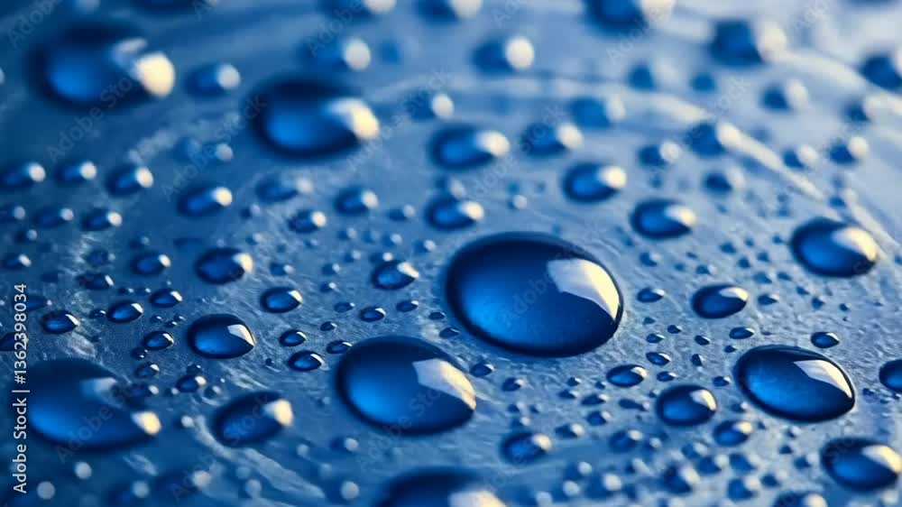 Poster water droplets create intricate patterns on blue background surface generative ai