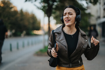 A woman joyfully singing and immersed in music with headphones, expressing happiness and freedom...