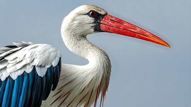 Close-up of a stork with vibrant red beak against a soft background