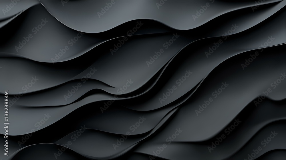 Poster dark wavy layers create abstract geometric pattern with smooth curved lines and shadows in monochrom