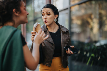 Two women share a lively conversation outdoors, one holding an ice cream cone and a smart phone,...