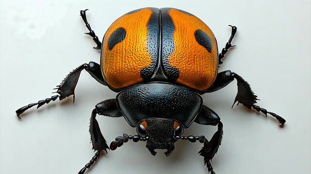 Close-up of a vibrant orange and black beetle on a light background