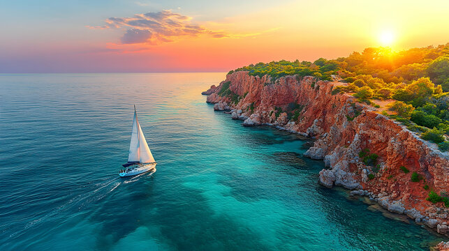 A sailboat sails along a coast with a cliff covered in trees under a colorful sunset creating a scenic and serene seasc