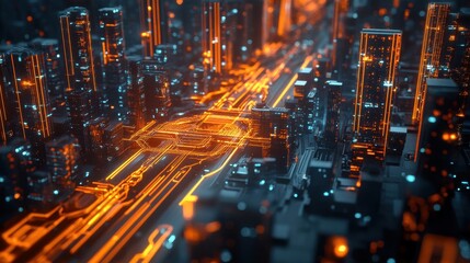 Cybernetic Cityscape with Glowing AI Elements