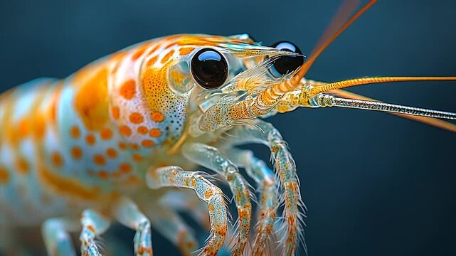Close-up of a vibrant shrimp with intricate patterns against a dark background