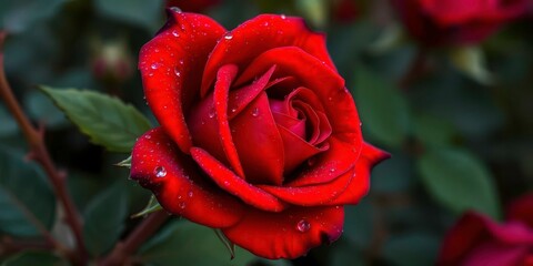 Obraz premium A velvety red rose, glistening with dew drops, flower, background