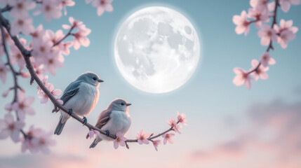 Two birds perched on cherry blossom branch under full moon, creating serene and romantic atmosphere