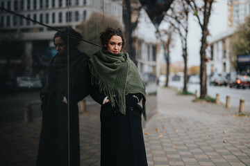 A woman leaning against a reflective glass wall on a street, showcasing urban fashion and a...