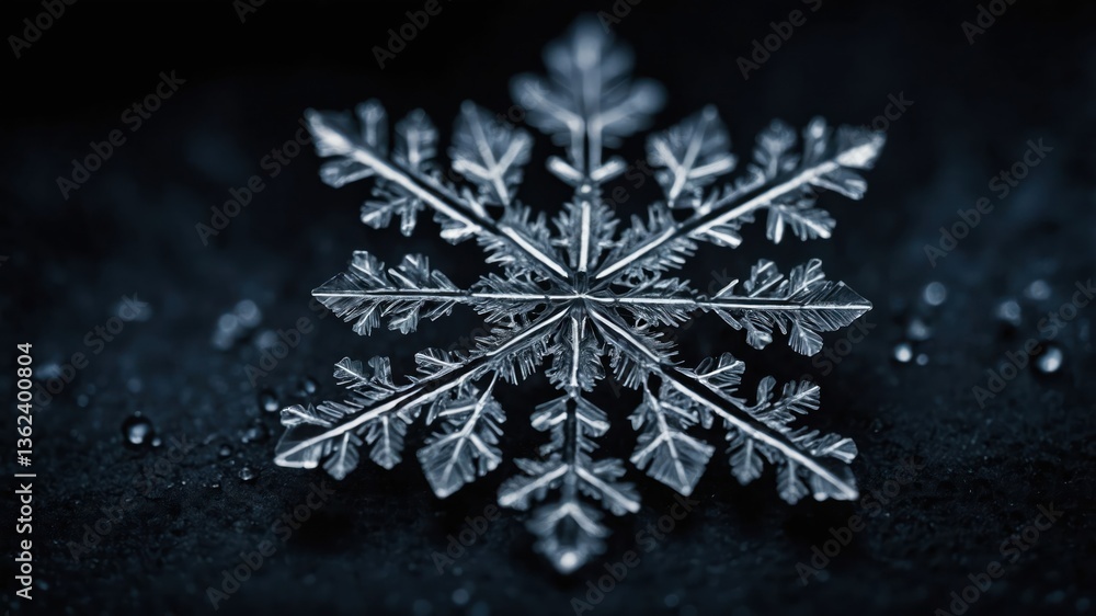 Poster a close-up of a snowflake showcasing its intricate crystalline structure.