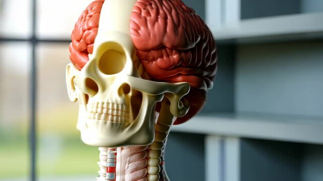 Anatomical Model of Human Head and Brain: Detailed View of Cranium, Cerebrum, and Neck Anatomy